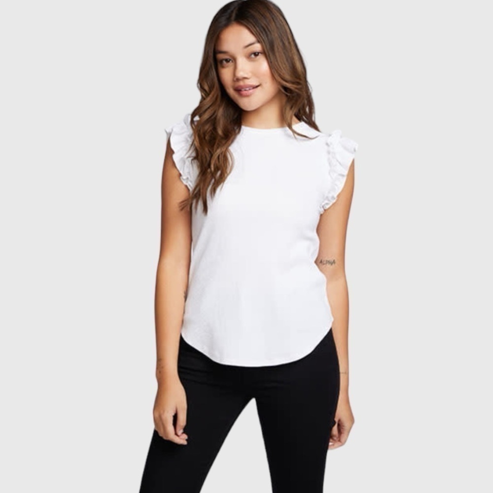 Chaser Versatile fun White Recycled Vintage Rib Ruffle Sleeve Shirttail Tee top